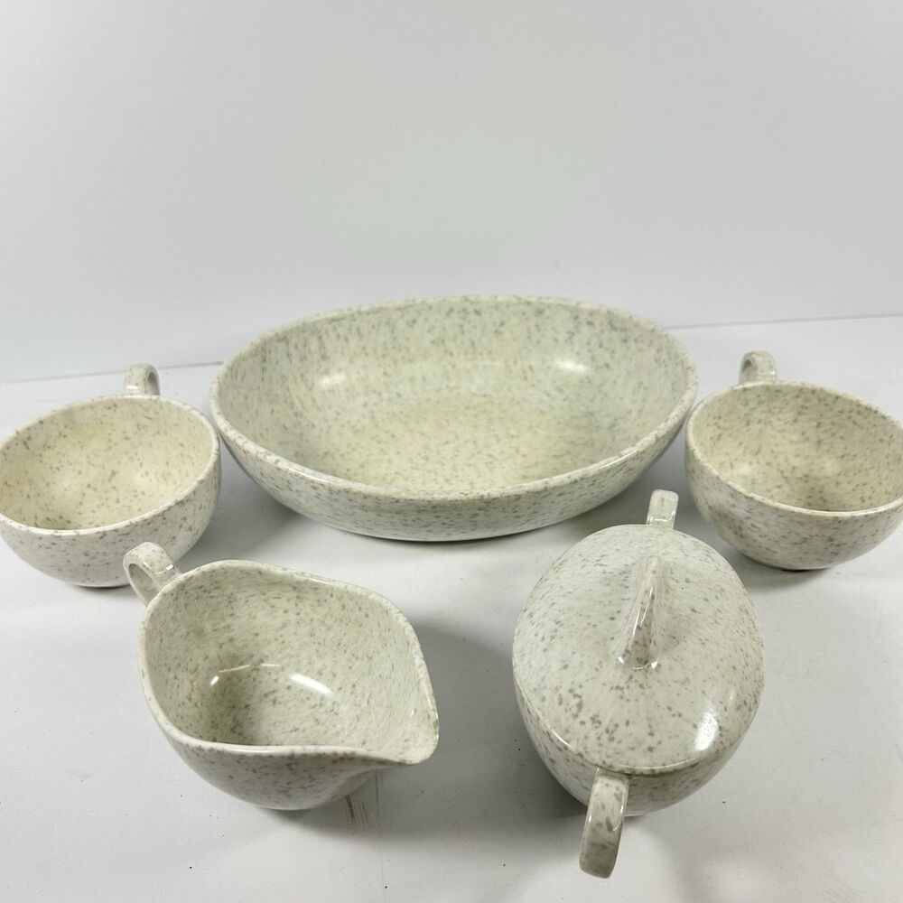 Vintage Confetti Melmac Melamine 6 Pc Hostess Set Sugar Creamer Gravy Boat Bowls